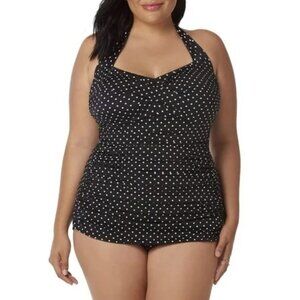 Simply Slim Black White Polka Dot Halter Swimsuit One Piece - Size 2X (18W/20W)